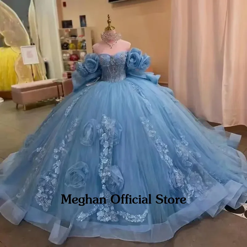 

Glittering Blue Quinceanera Dresses With Bow 3D Flower Vestidos De 15 Anos Birthday Party Gown Prom Off-Shoulder