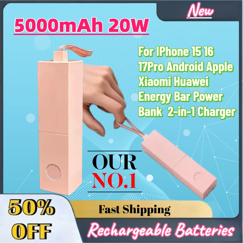 

High-Quality New 5000mAh 20W Power Bank for IPhone 15 16 17Pro Android Apple Xiaomi Huawei Energy Bar Power Bank 2-in-1 Charger
