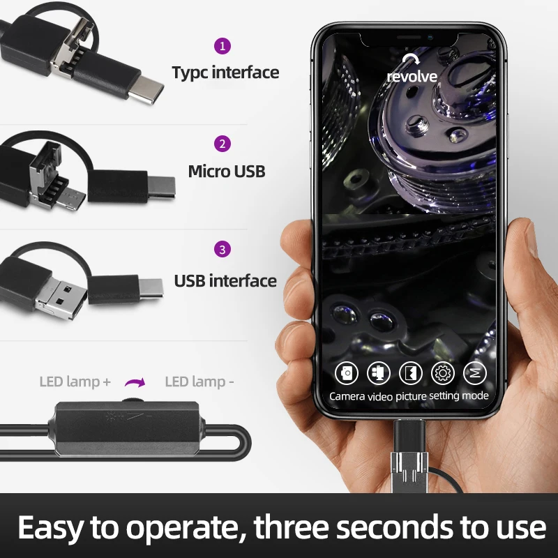 5.5 8MM Android Endoscope 3 In 1Camera  USB/Micro USB/Type-C Borescope Inspection Camera Waterproof for Mobilephone