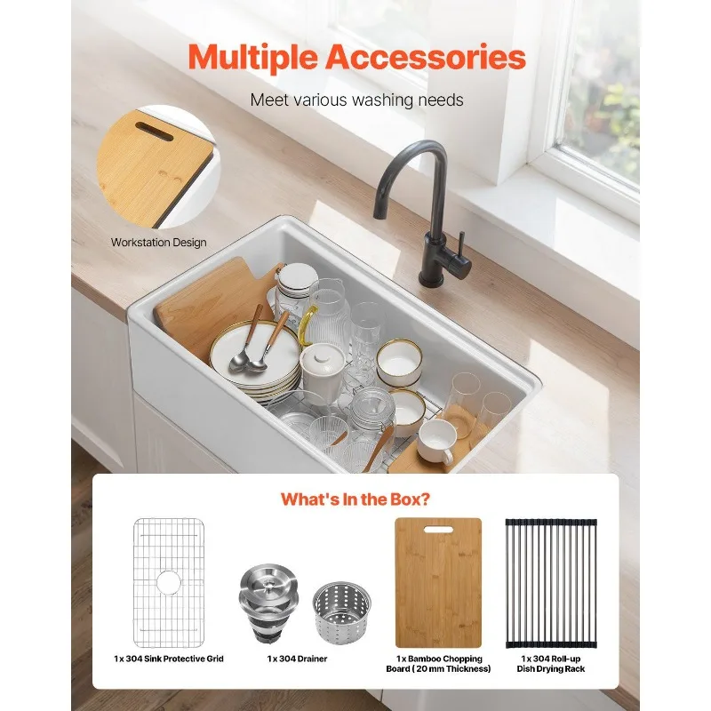 Wastafel dapur single bowl model farmhouse ukuran 32,5x20 inci, terpasang di bawah meja, warna putih fireclay