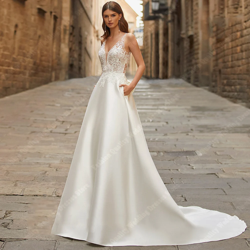 Abiti da sposa in raso brillante Abiti eleganti con scollo a V per la festa formale Palla di fidanzamento Lunghezza la pulizia Abiti da Noiva personalizzati