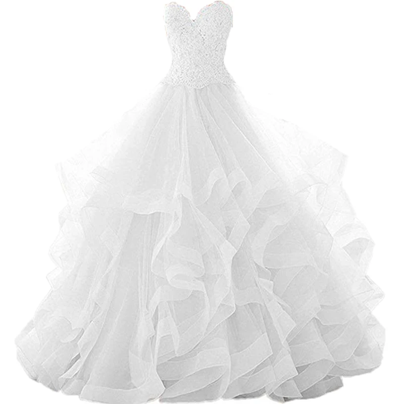 Sweetheart Strapless Lace Wedding Dress Long Fluffy Ruffles White Princess Bridal Dresses Luxury Appliques Wedding Gowns