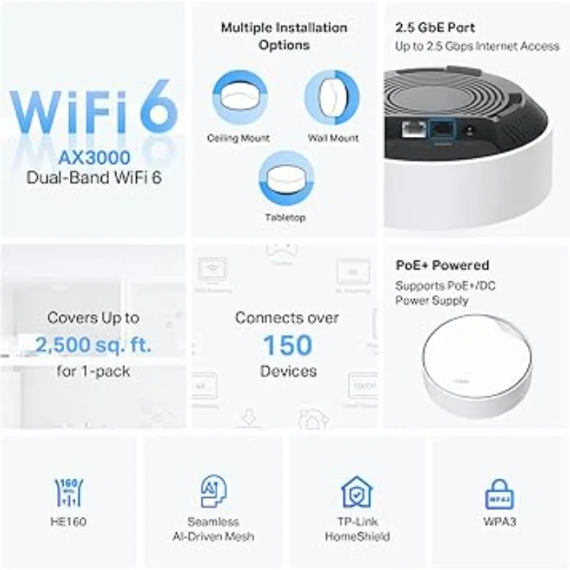 Deco AX3000 PoE Mesh WiFi(Deco X50-PoE) Ceiling/Wall-Mountable WiFi 6 Mesh Replacing WiFi Router Access Point and Range Extender