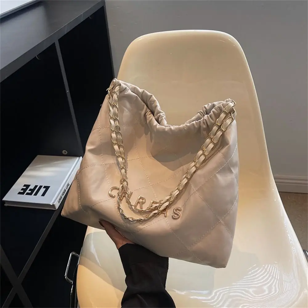 PU Shoulder Bags Casual Solid Color Lattice Handbags Chain Large Capacity Totes Bag Female