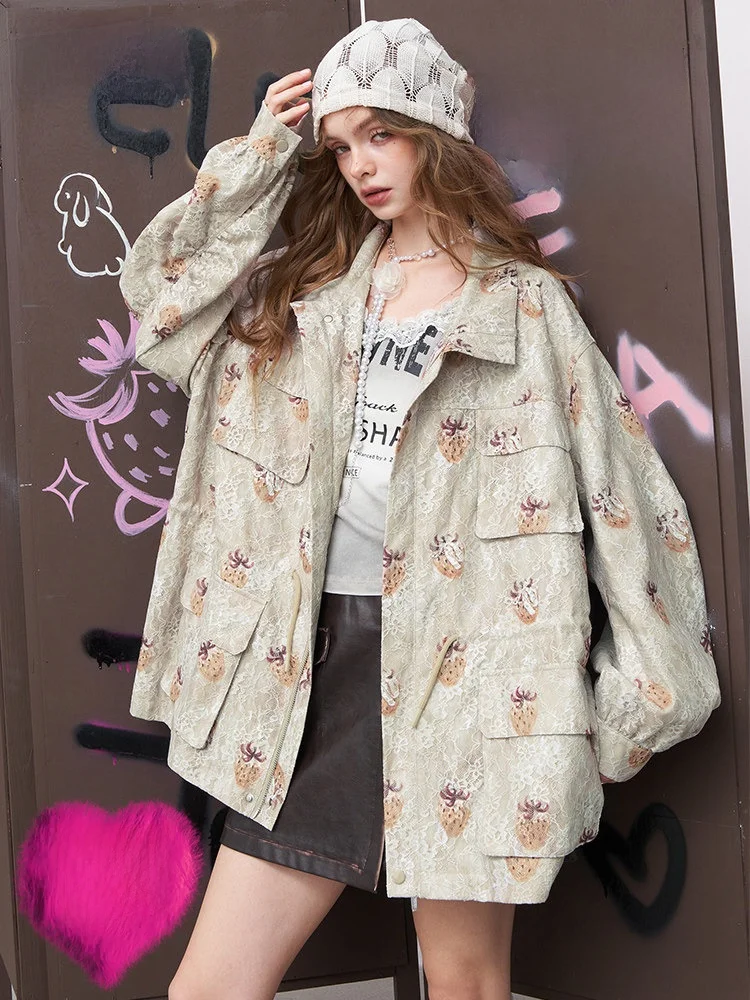 

Кружевное тяжелое женское пальто Jaet с принтом клубники, повседневное длинное пальто средней длины с застежкой-молнией и застежкой-молнией