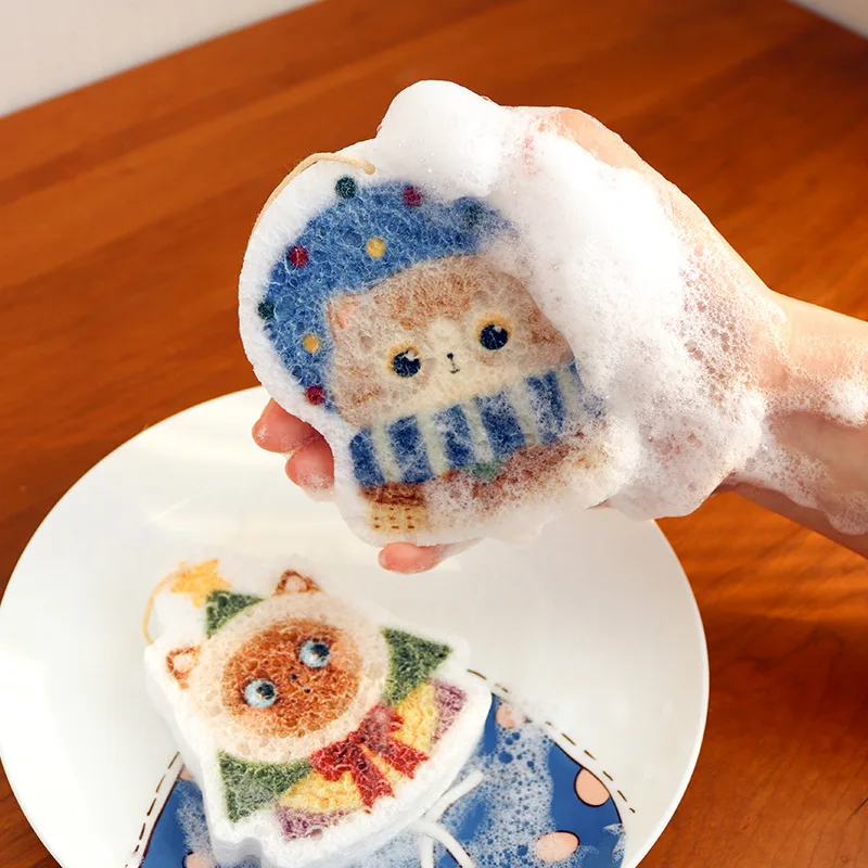 

Губка для мытья с мультяшным котом, чаша из сжатой древесной целлюлозы, утолщенная губка для протирки, губка, ткань против пятен