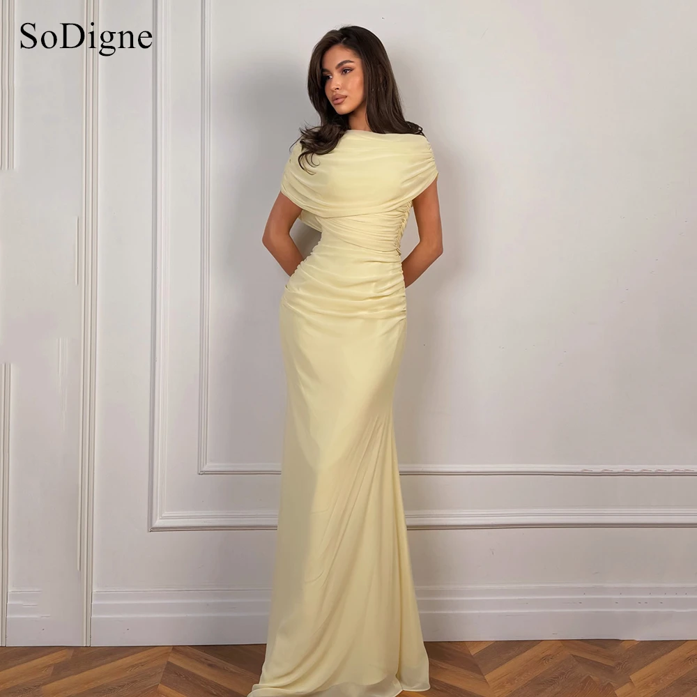 

SoDigne Chic Yellow Chiffon Evening Dresses Pleats Shawl Sleeveless Party Dress Draped Sheath Mermaid Prom Gowns Customized