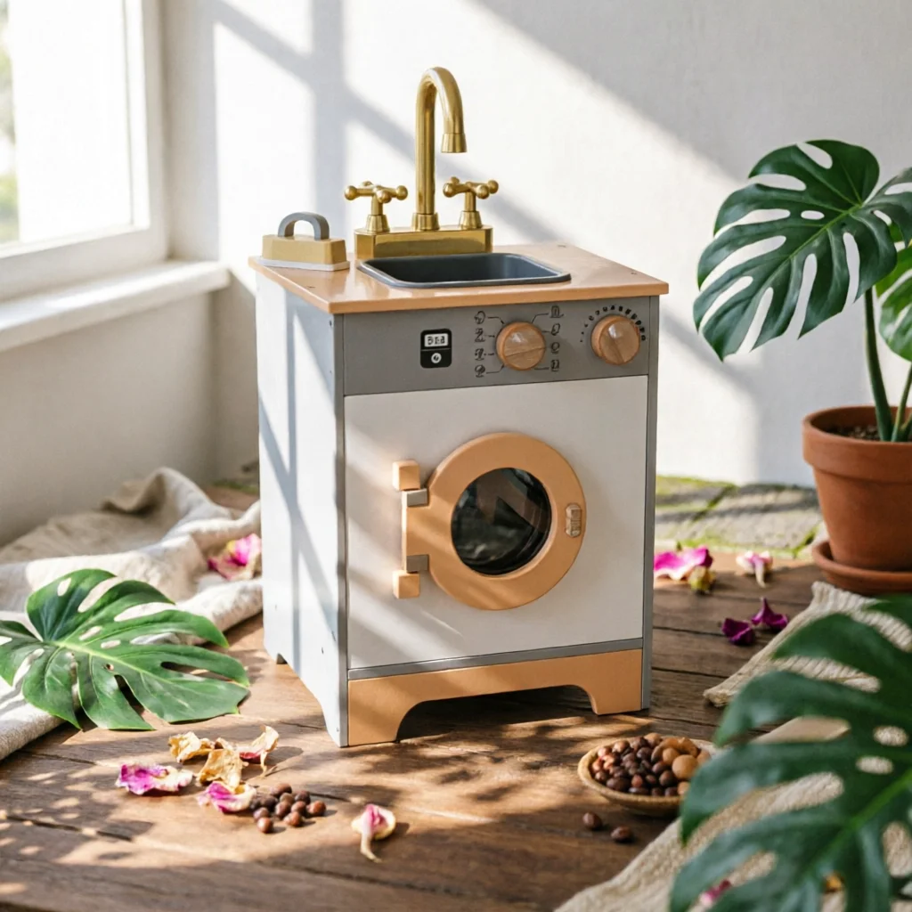 Wooden Washing Machine Compact Kids Plaything Front-Loading Wooden Laundry Set Pretend Washing Machine Open and Close Doors