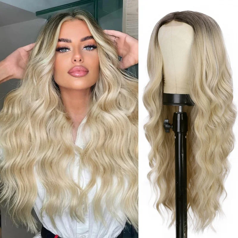 

Long wavy , gradient platinum blonde wig, women's middle-parted curly synthetic hair