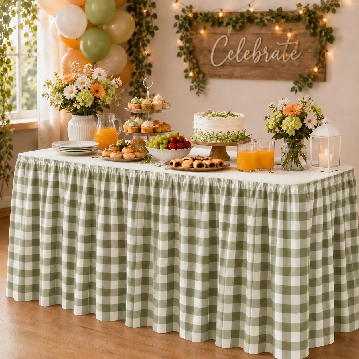 Send a tablecloth, 1 piece of polyester, Green Gingham tablecover, featuring a green check pattern.zyc