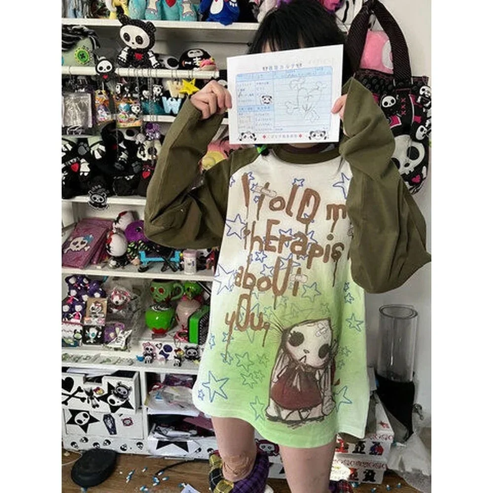 KOSAHIKI Y2k Aesthetic Long Sve Tirt Women Punk Letter Cleanfit Sle Other Edition for Winter Ladies Linen Material