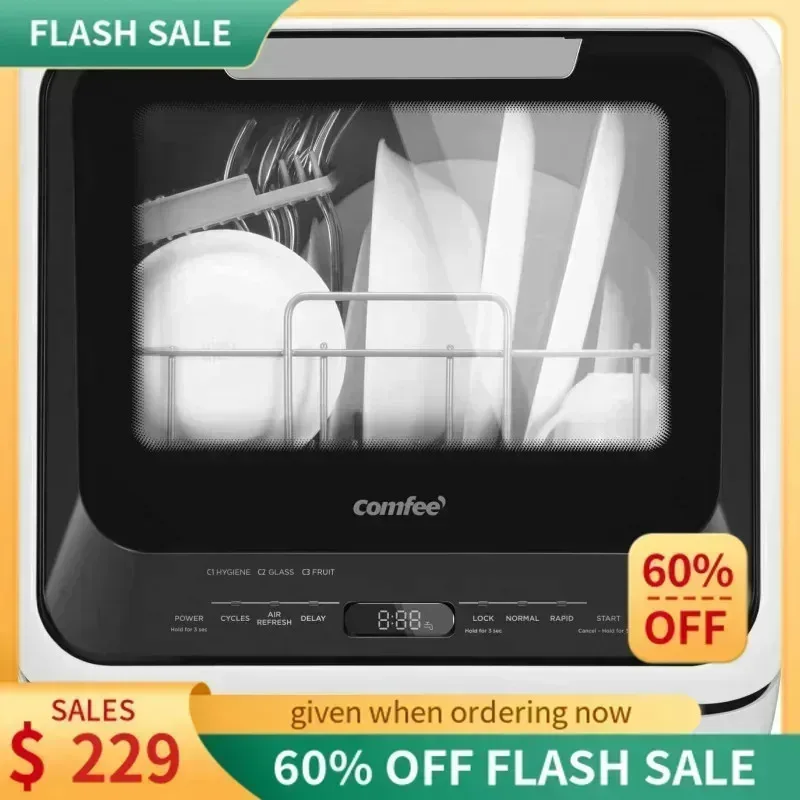 PMD4-COMFEE'غسالة أطباق صغيرة محمولة مع خزان مياه مدمج سعة 5 لتر و6 برامج، 360 درجة °      رذاذ مزدوج، 192 ℉   وظيفة حرارة عالية وجافة الهواء