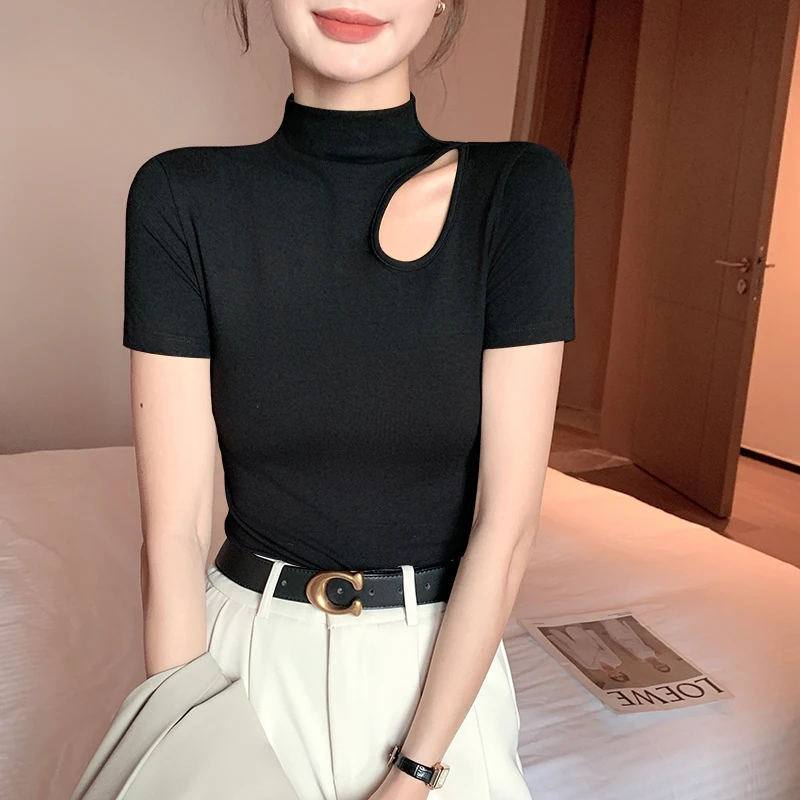 

Turtleneck Pullover Black Short Sleeve Slim t-shirt Women Knitted Threaded Hollow Design Top