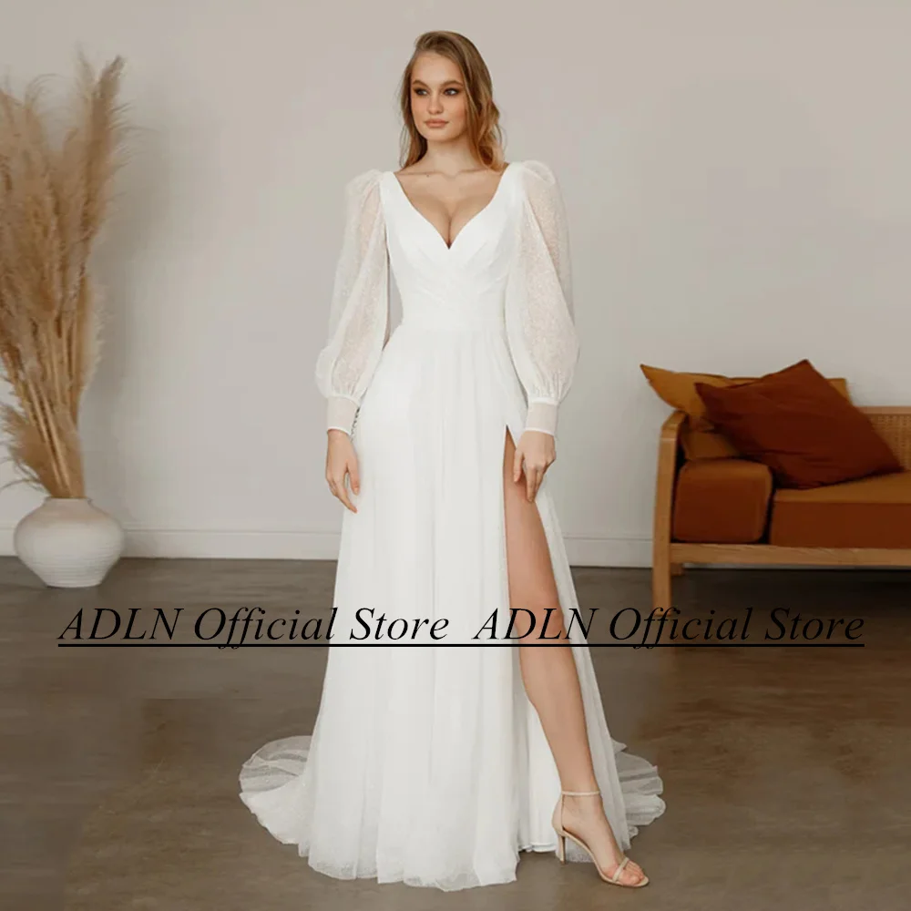 

ADLN Sexy Glitter Wedding Dress for Bride Women Puff Sleeves V Neck Pleat Open Back High Split Vestido De Noiva Bridal Gown