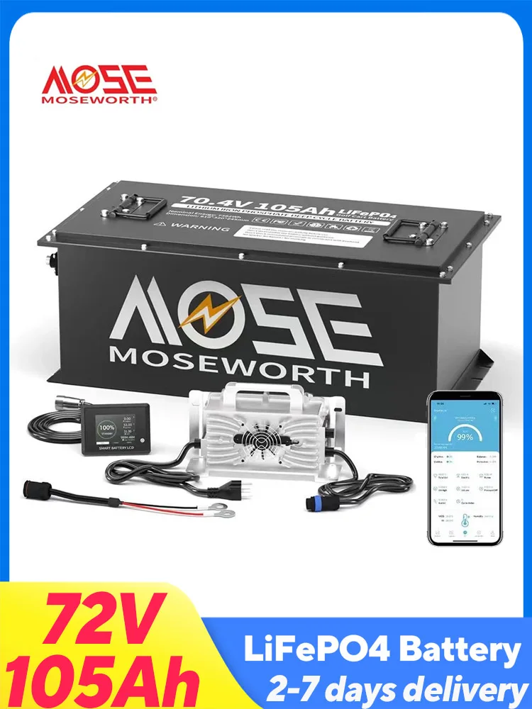 MOSEWORTH 72V 105Ah Golfwagen-Batterie Bluetooth LiFePO4-Akku mit Touch-Monitor & APP 20000 Tiefzyklus-Ladungen 200A MBS