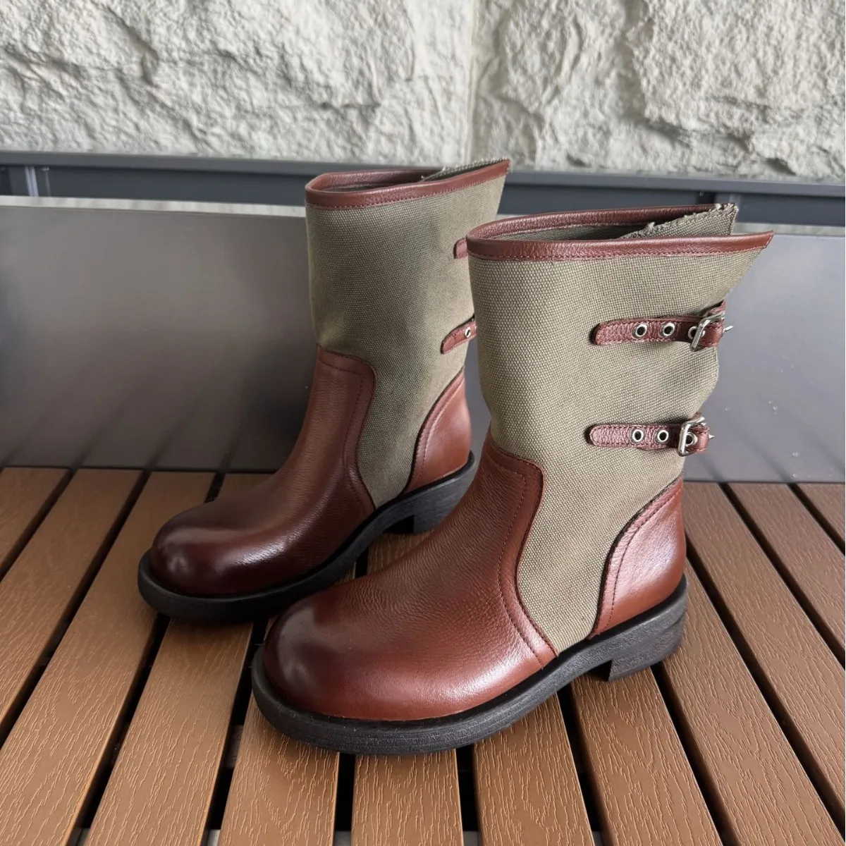 Top-grain leather Splicing Canvas Western Cowboy Boots Women Cowhide Workwear Mid Calf Boots Woman Breathable Thick Heels Shoes