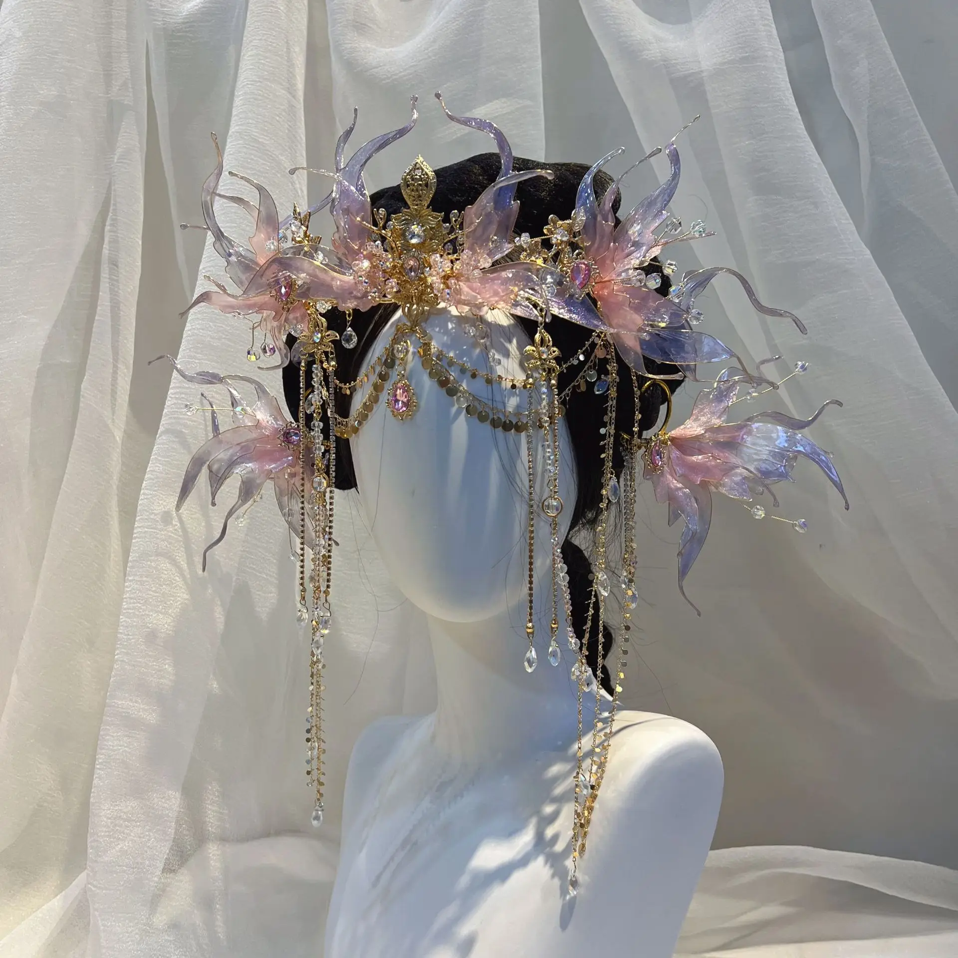 Ancient Style Super Gradient Pink Flower Tuinga Ear Hanging Set Headdress