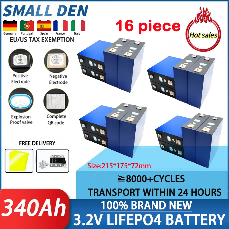 16 pieces Grade A 340Ah Lifepo4 Battery 3.2V Lithium iron phosphate Rechargeable batteri For DIY 12V 24V RV Solar Camping Cell