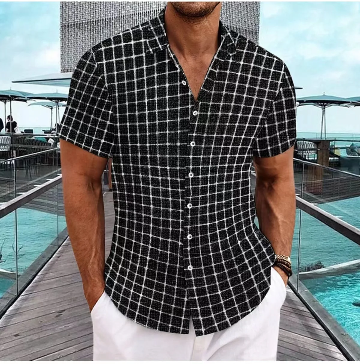 

Europe and the United States New Summer Plaid Men's Casual Fashion 3D Digital Printed Short-sleeved Shirt