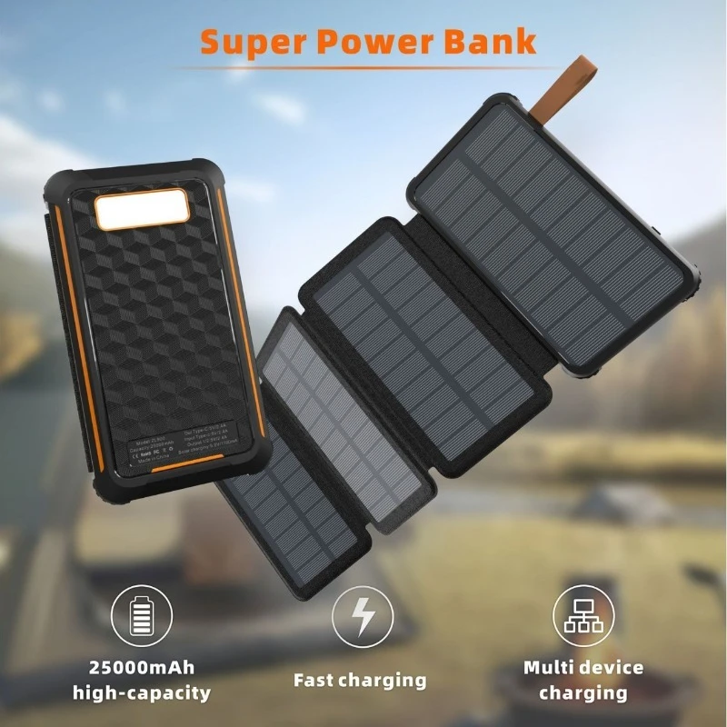 25000MAh Outdoor Waterproof Expandable Folding Solar Panel Soft Bag  Portable Wireless Large Capacity Mobile Power Bank