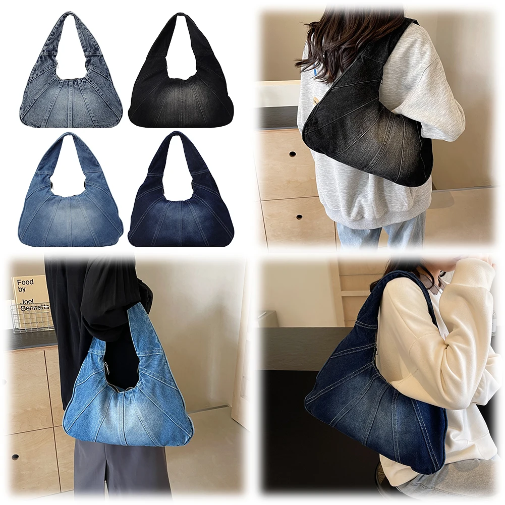 

Women Denim Shoulder Bag Trendy Jean Purse With Pocket Underarm Purse Clutch Bag for Work Travel Shopping