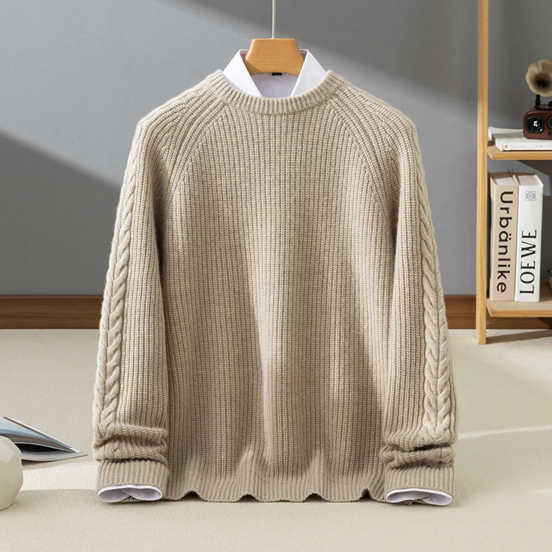 

Высококачественный мужской свитер из 100% кашемира, вязаный пуловер, роскошный джемпер с круглым вырезом, толстый, модный, уличный стиль