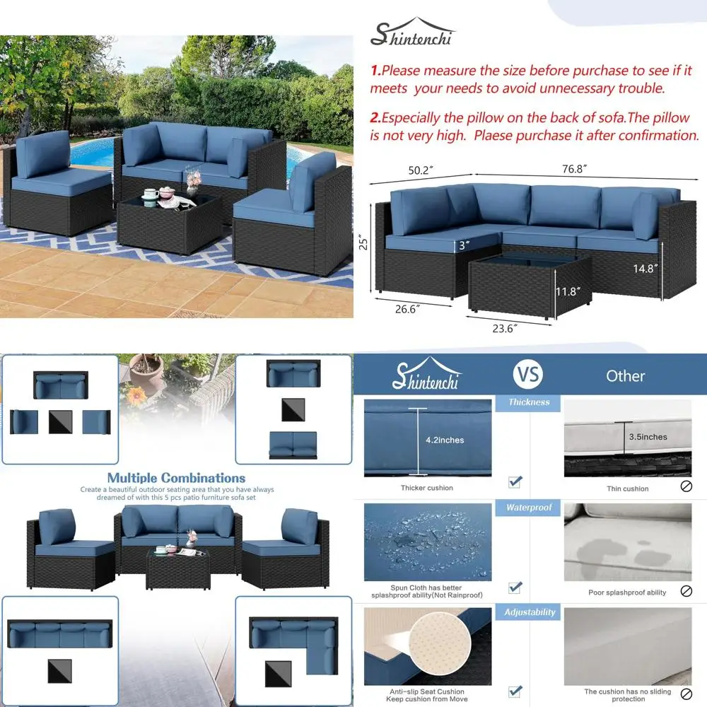 

Outdoor Patio Sectional Sofa Set with 5 Pieces, PE Wicker Furniture, Conversation Area with Washable Cushions
