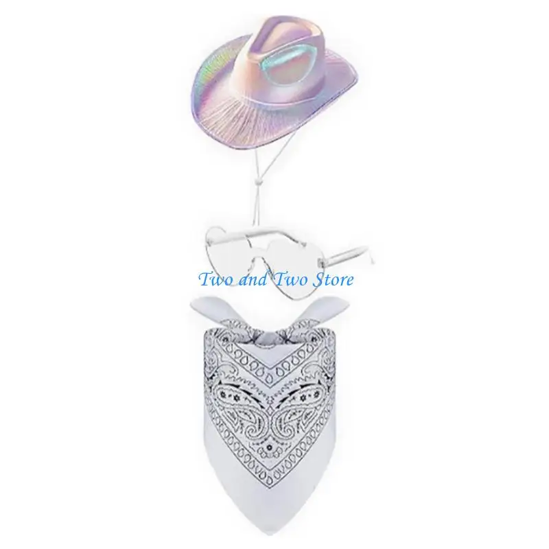 

HX6F Trendy Pink Cowgirl Hat with Sunglasses and Bandana Western Photo Props Complete Your Western Party Look