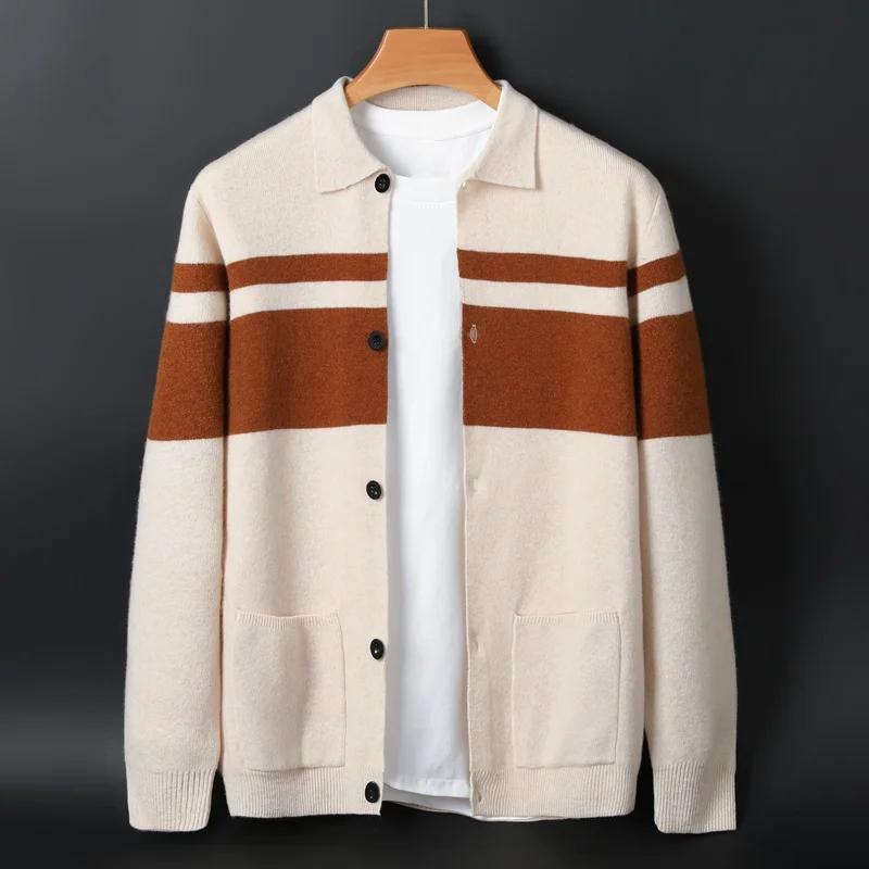 

Men's Polo Collar Wool Sweater Autumn Winter Luxurious And High-Quality Business Color Blocking Wool Knitted Cardigan Top