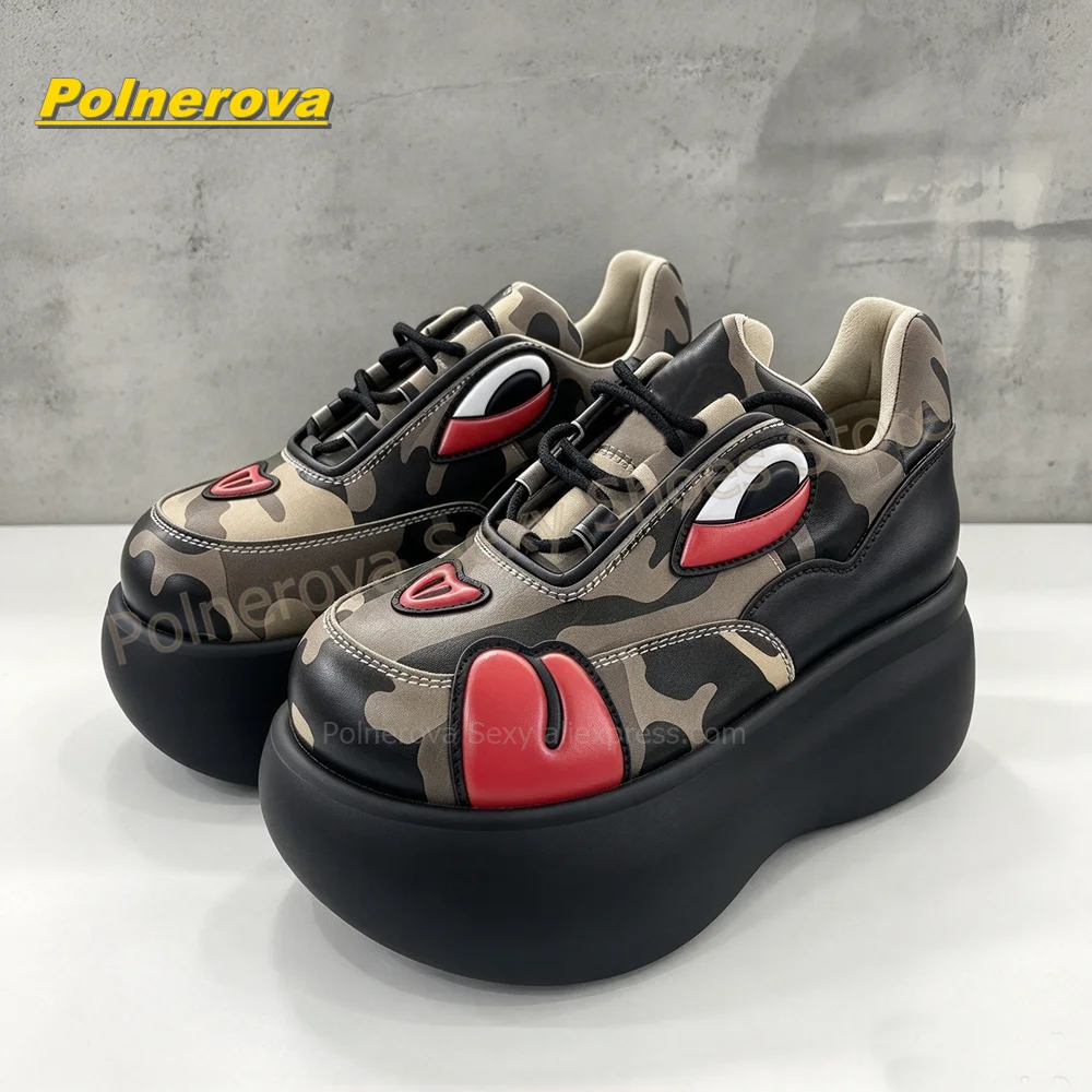 Y2K Cartoon Eyes Platform Sneakers Women Black Red Color Block Lace Up Chunky Sole Pumps Street Style Fashion Casual Footwear