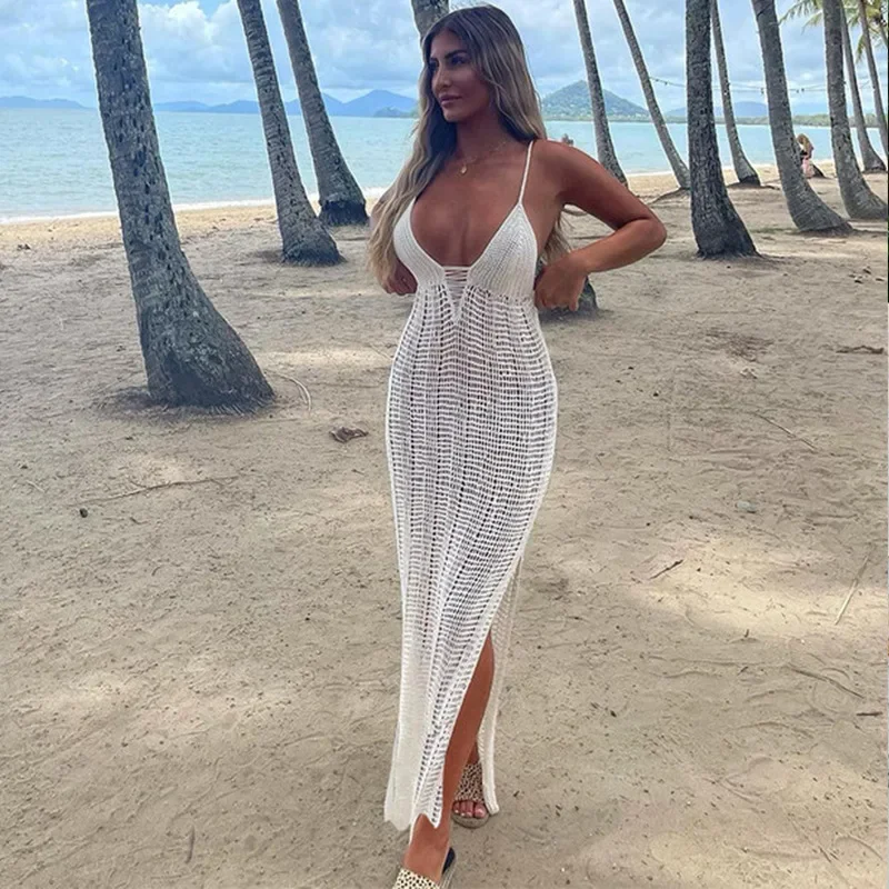 2024 New Halter Sexy Backless Beach Dress Knitted Hollow Out Bikini Outer Dress Female