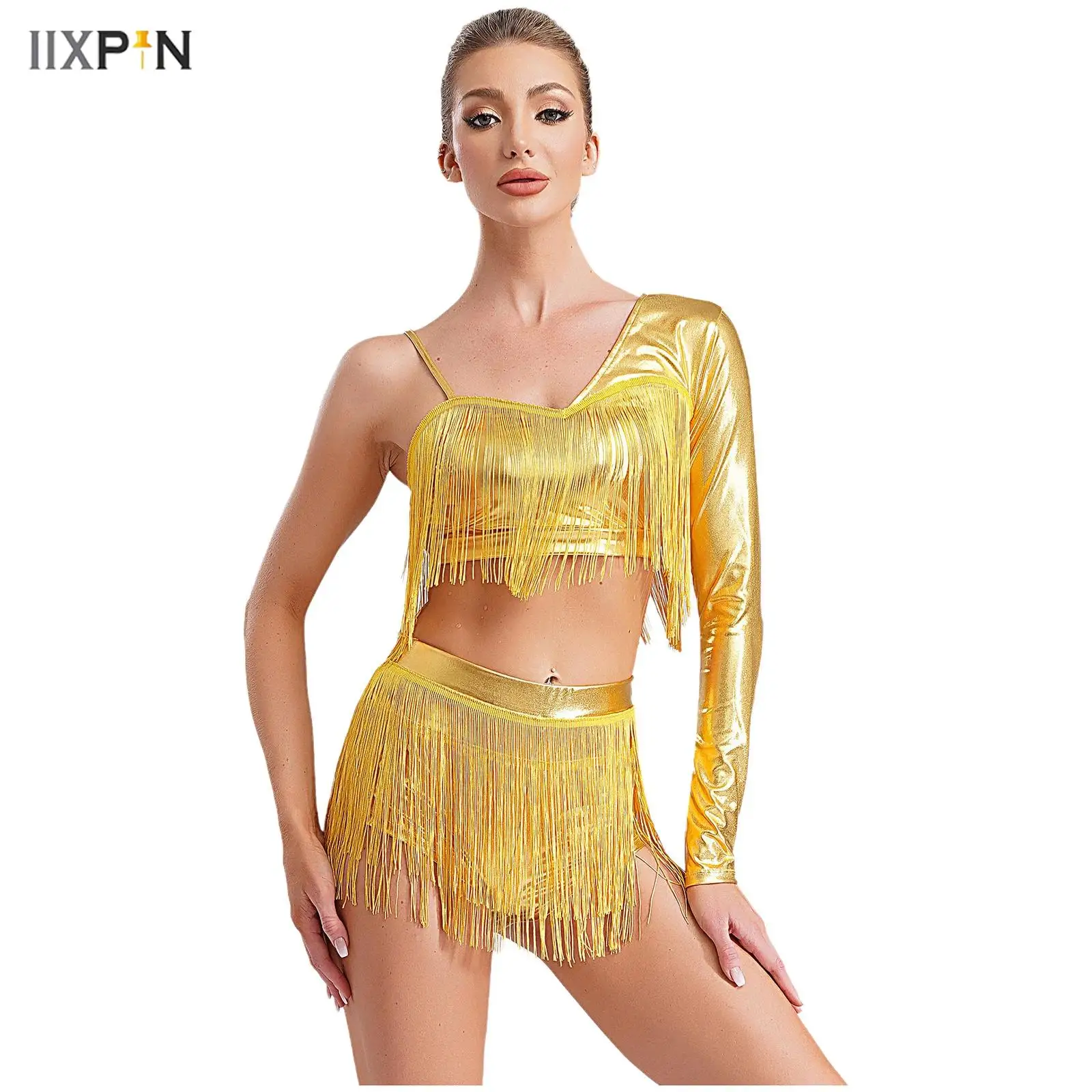 

Women Metallic Tassels Latin Dance Outfit Single Sleeve Asymmetrical Shoulder Crop Top Skirt Shorts for Performance Competition