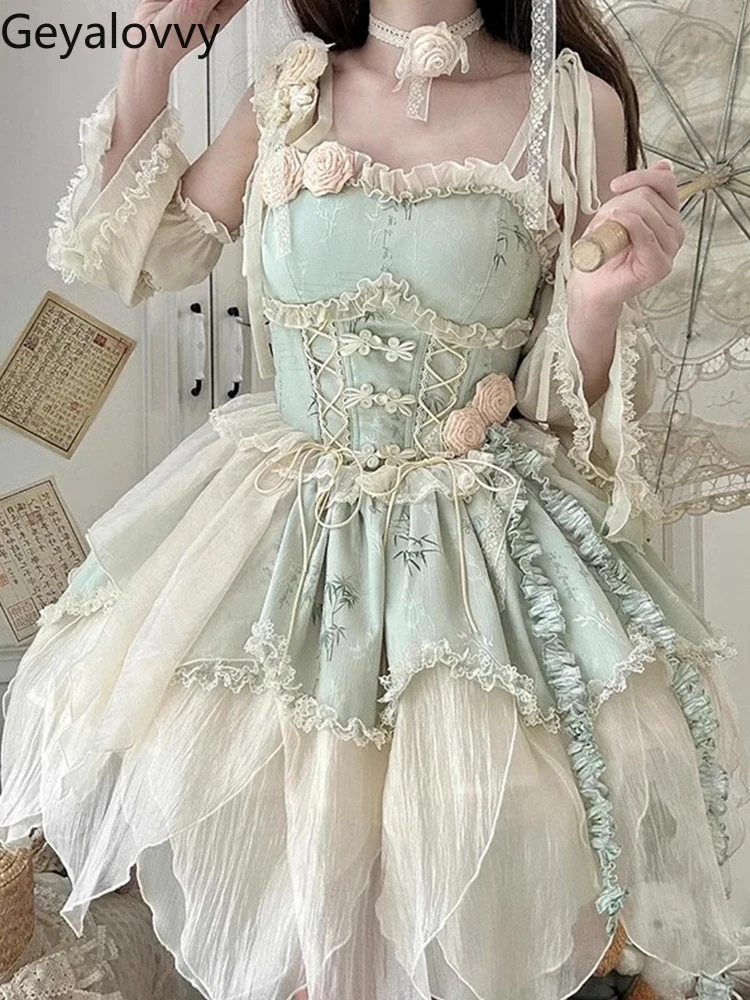 สีเขียวพิมพ์ใหม่สไตล์จีน Elegant Fairy Lolita แขนกุดเอวสูงชุด Lolita สาวหวาน LACE-up ชุดเจ้าหญิง