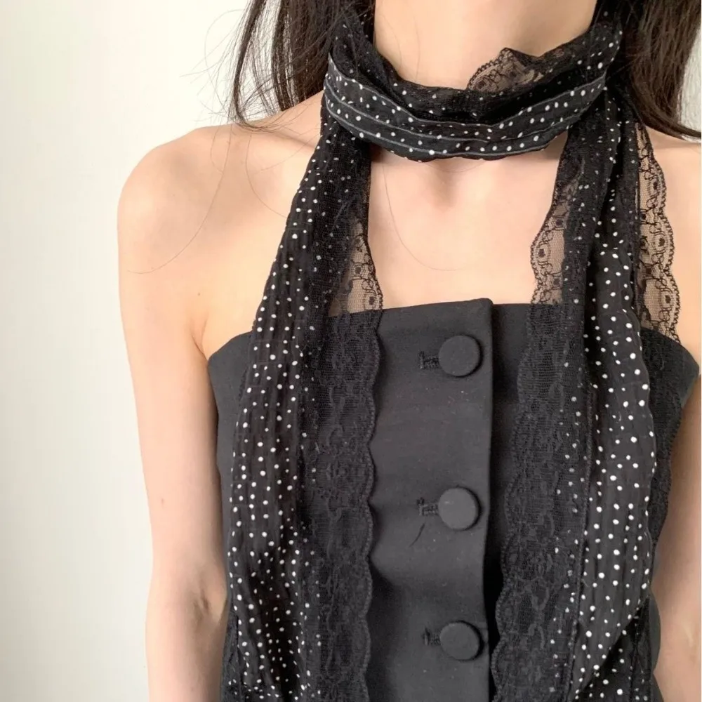 Fashion Polka Dot Lace Scarf Lace Edge Long Slim French Style Scarf Thin Long Slim Neckerchief Women