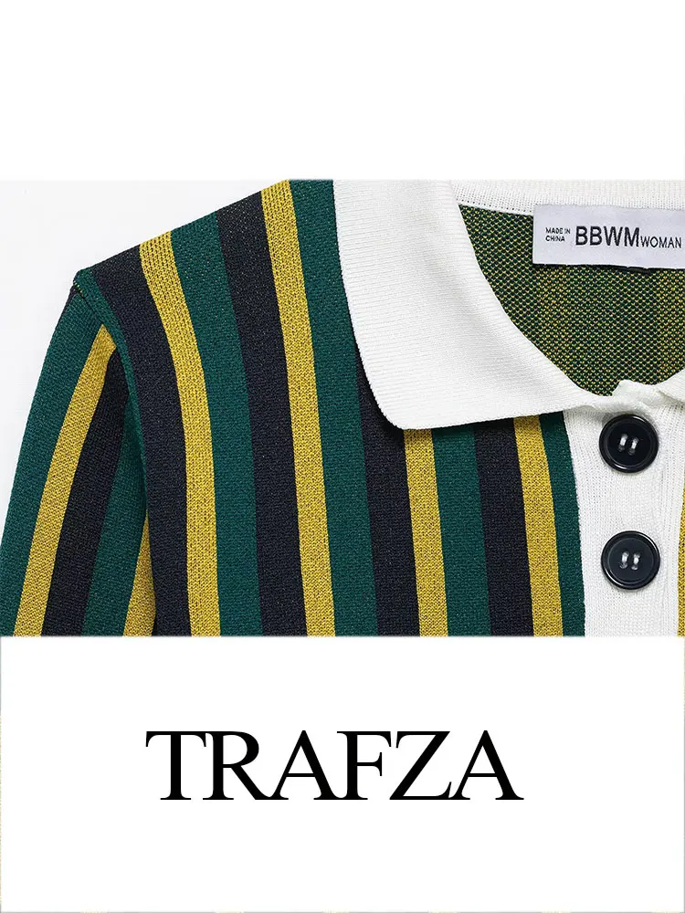 TRAFZA 2025 女性のファッションポロシャツ襟ショートスリムセーターレトロストライプ夏の女性の新しいストリート長袖トップ