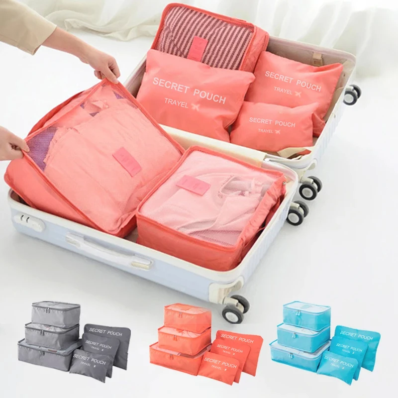 6Pcs Luggage Travel Bags Underwear Shoes Storage Bag Oxford Waterproof Cloth Suitcase Pouch Cube Red Organiser For Clothing