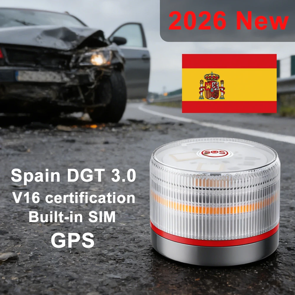 

Последняя версия 2026 года. Автомобильный аварийный светильник V16 GPS, одобренный DGT, обязательный испанский автомобиль с SIM-картой и оплаченными данными до 2038 года.