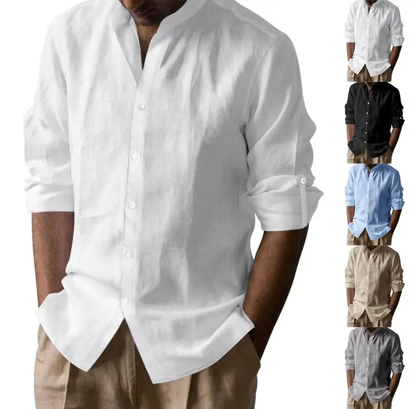 

Casual Linen Shirt Men's Long Sleeve Stand Collar Breathable Henry Collar Chinese Style Top Men's Fashion High Waist PU Leather