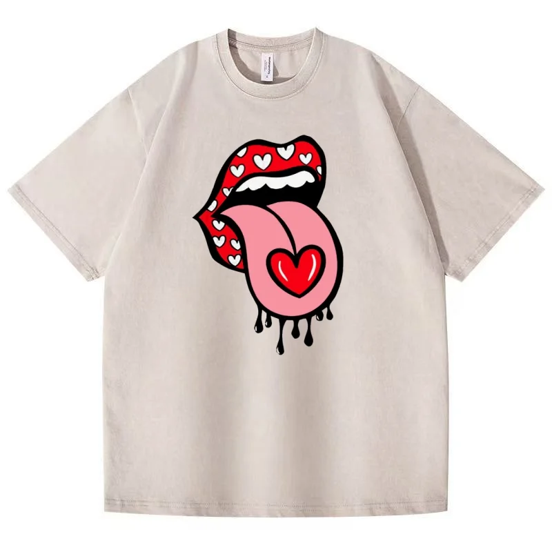 2025 new summer fashionable simple large tongue printed pattern T-shirt short sleeved casual men's and women's pure cotton top