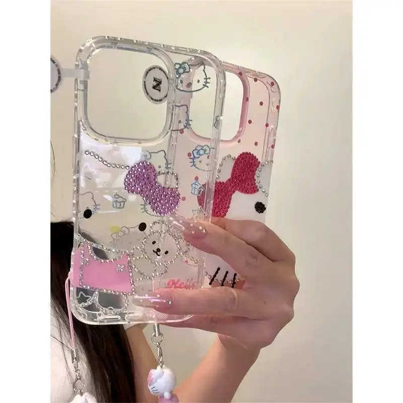 New Cute Cartoon Cat Pattern Colored Diamond Shiny Phone Case for iPhone 17 16 14 15 ProMax Acrylic Transparent Buffer Case Gift