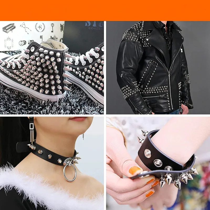 100 conjuntos de prata cone picos 4 tamanhos parafuso volta studs punk rock bala rebites para diy roupas couro artesanato