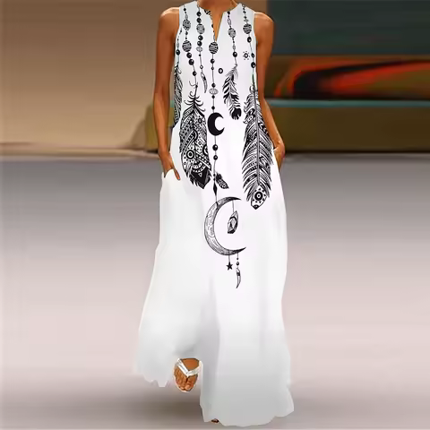 Women'S Loose Dress Summer Casual Feather Print Dress Women'S Plus-Size V-Neck Sleeveless Dress Fashion Elegant Evening Dress