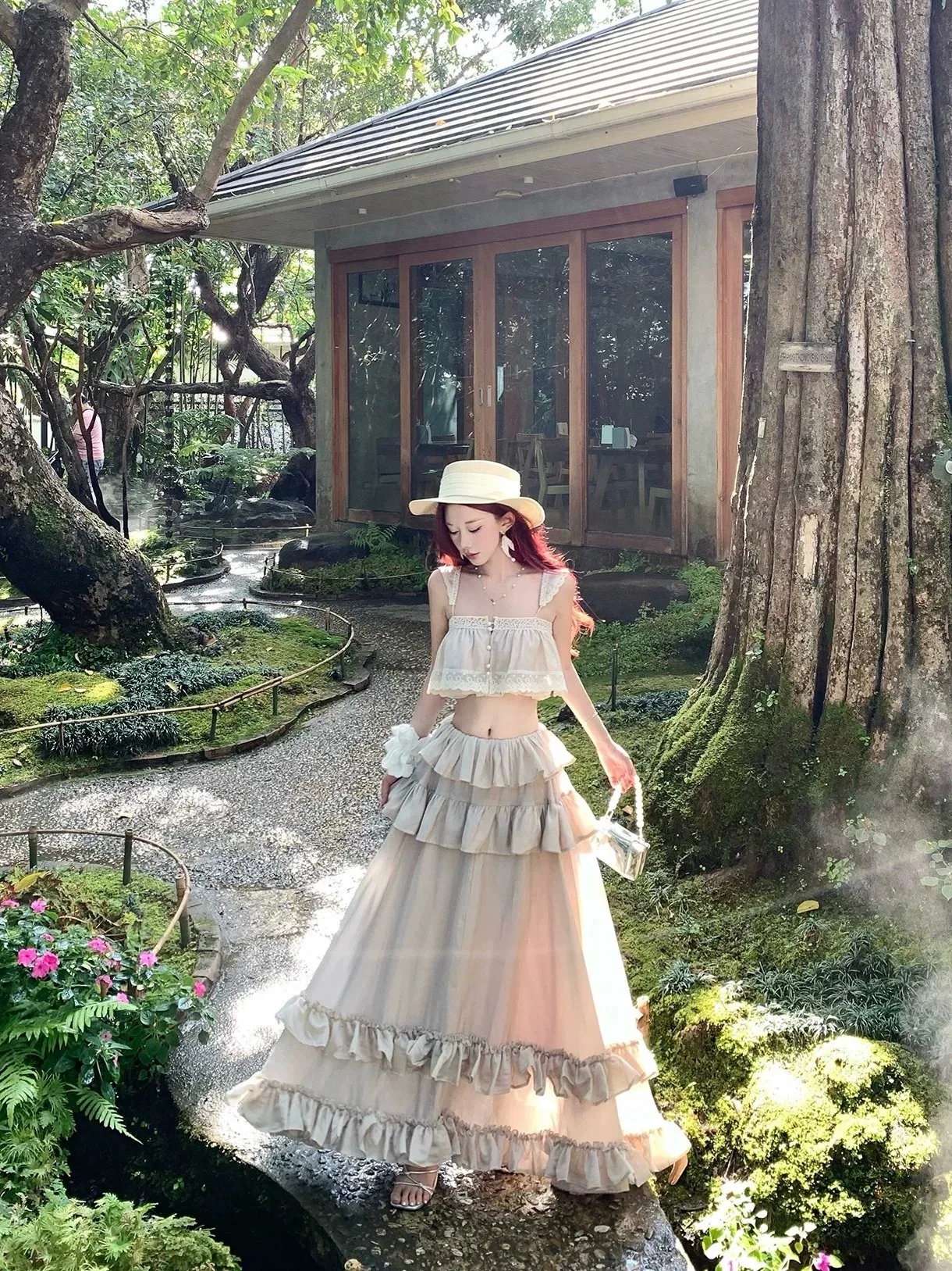 Stunning Island Vacation Fairy Tale Princess Atmosphere Set Beautiful Lace Trimed Separate Strap Dress Lightweight Breathable