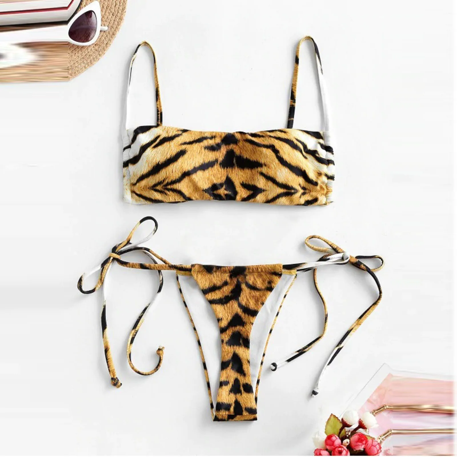 Leopard imprimir duas peças maiô, cintura alta, cor sólida, para as mulheres, roupas de praia, tankini, verão