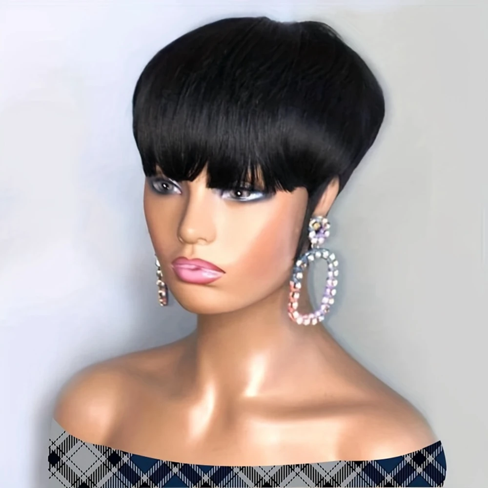 Black Pixie Cut Bob 100% Human Hair Wigs Full Machine Made Wig With Bangs Straight Remy Hair Short Bob Wig For Women