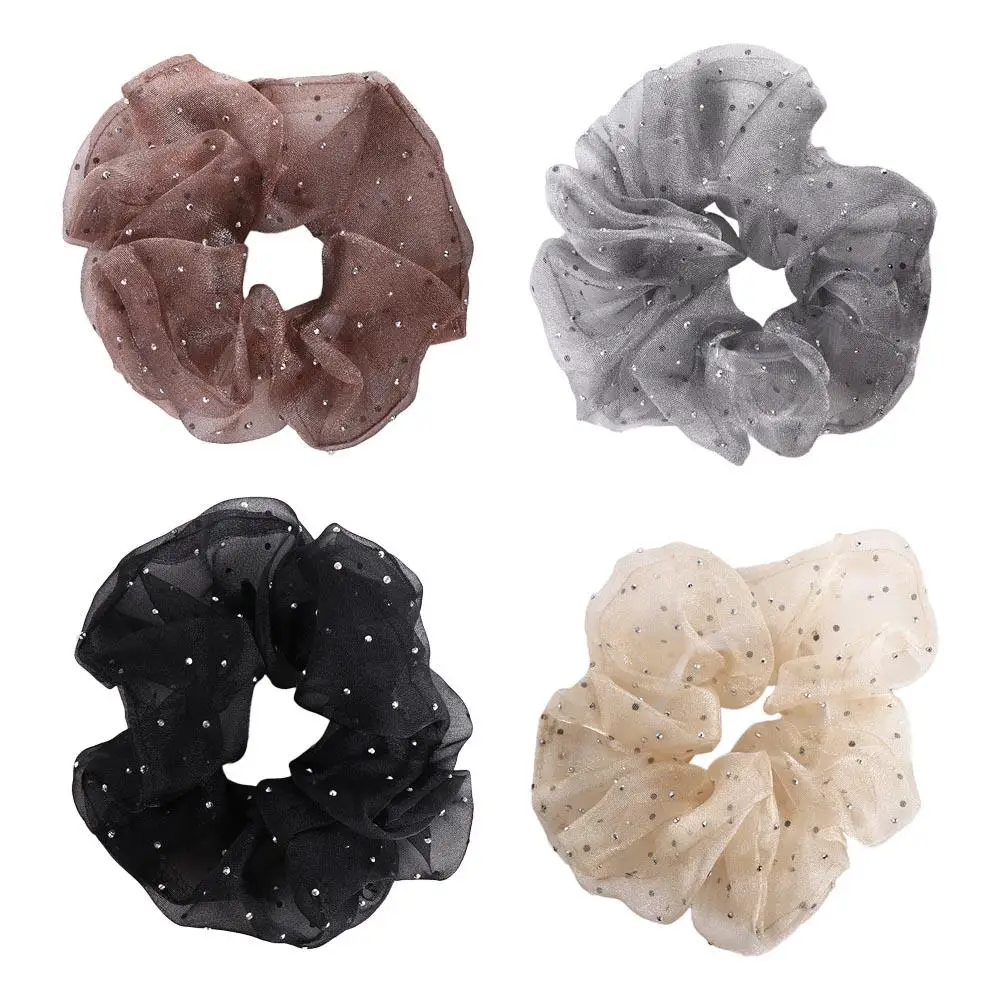 Korean Fresh Organza Crystal Scrunchies Women Elastic Mesh Dots Zircon Hair Band Transparent Hair Ties High Horsetail Hair Rope