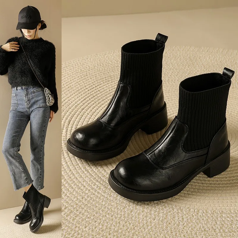 

2025 Autumn Winter Women's Sock Boots Thick Platform Sole Stretchy Ankle Boots French Style Fashion Fur-Lined Warm Booties