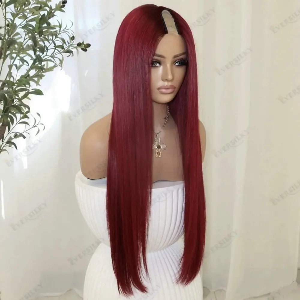 

Бордовый красный парик омбре из натуральных прямых шелковых волос с U-образным вырезом для чернокожих женщин, без клея, с открытым V-образным вырезом 1*4 и застежками