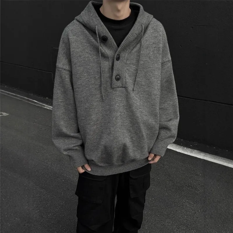 Grijze Amerikaanse retro gebreide trui met capuchon voor heren Winter dikke luie stijl trui Zwaargewicht binnenslaag sweatshirtjack