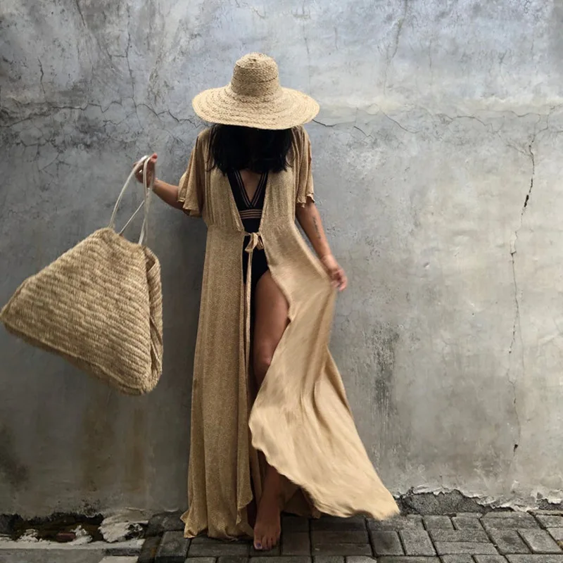 

Khaki Swimsuit Covers 2025 Kimono Bikini Cover Ups Beach Dress Robe Maxi Long Dress Beachwear Sarong Women Loose Cardigan